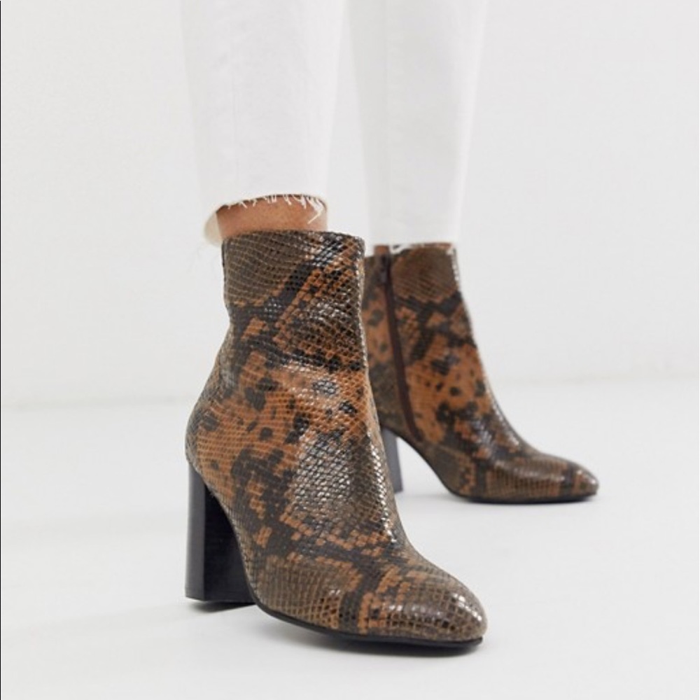 Asos Design Leather Block Snake Design Ankle Boot